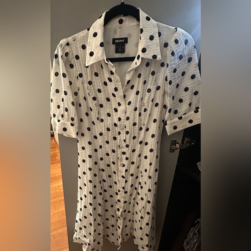 DKNY White and Black Polka Dot Long Sleeve Dress